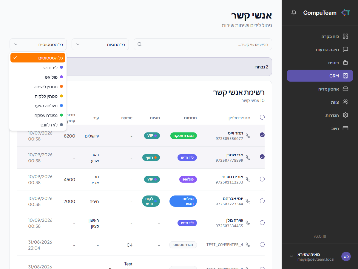 טבלת אנשי קשר עם סטטוסים צבעוניים, תפריט סינון לפי סטטוס ופס פעולות מרובות לאחר בחירת כמה אנשי קשר